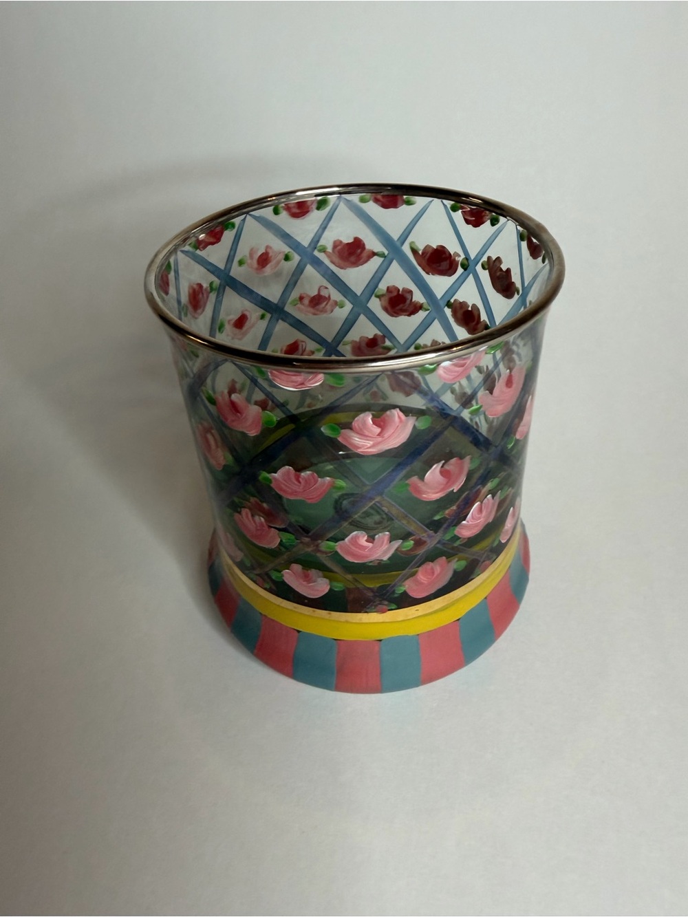 MacKenzie Childs Circus Arbor Rose Glass Tumbler  Handblown And Painted